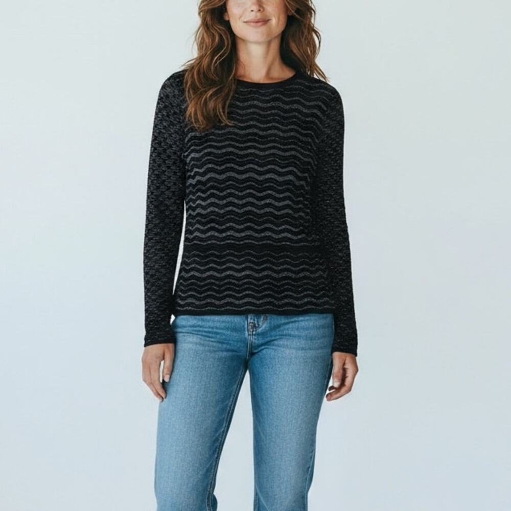 Tory Burch Metallic Lurex Textured Peplum Merino Wool Sweater Women's Sz XS Navy